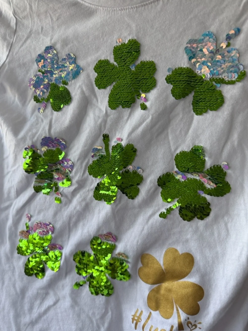 Justice White Tee with 4 leaf clover Detail size girls 14-16